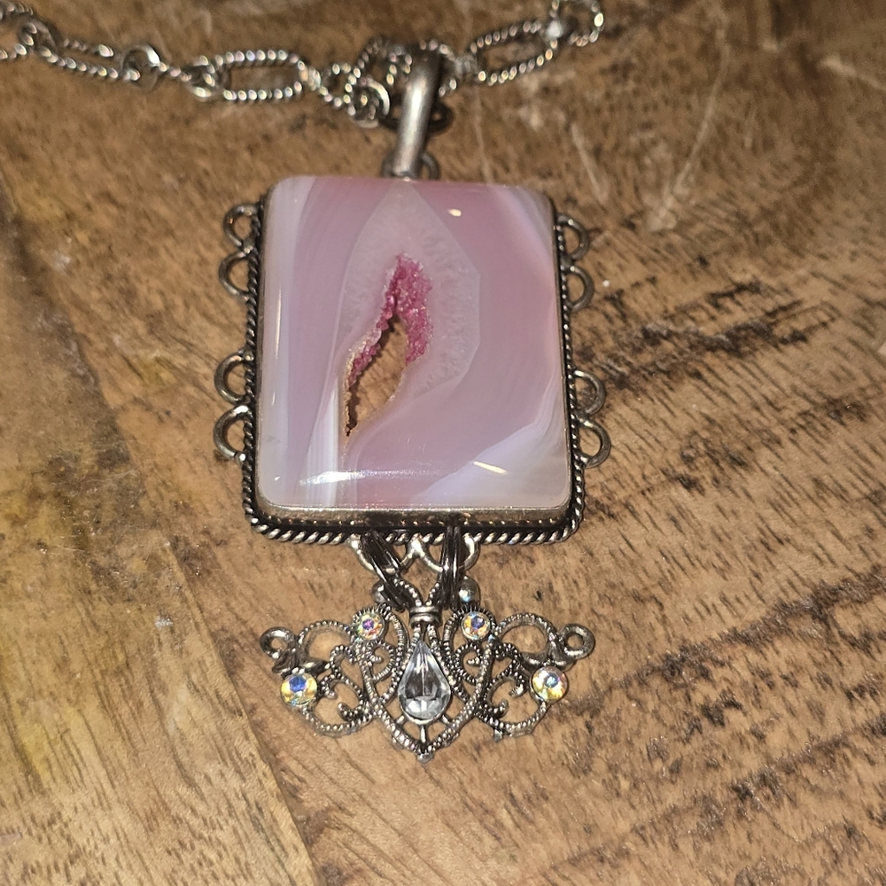New! Handmade 925 pendant pink druzy geode short necklace